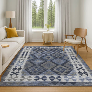 HomeRoots 9' x 12' Navy Blue and Ivory Tribal Area Rug - Washable, UV Protected, Durable for High-Traffic Spaces 707946