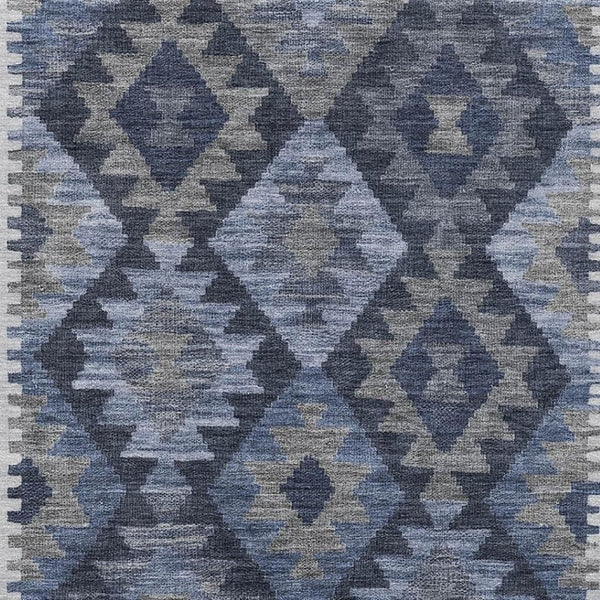 HomeRoots 9' x 12' Navy Blue and Ivory Tribal Area Rug - Washable, UV Protected, Durable for High-Traffic Spaces 707946