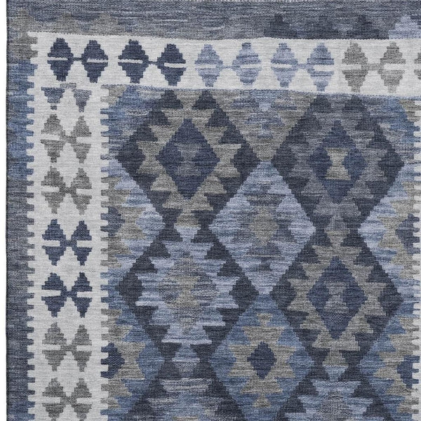 HomeRoots 9' x 12' Navy Blue and Ivory Tribal Area Rug - Washable, UV Protected, Durable for High-Traffic Spaces 707946