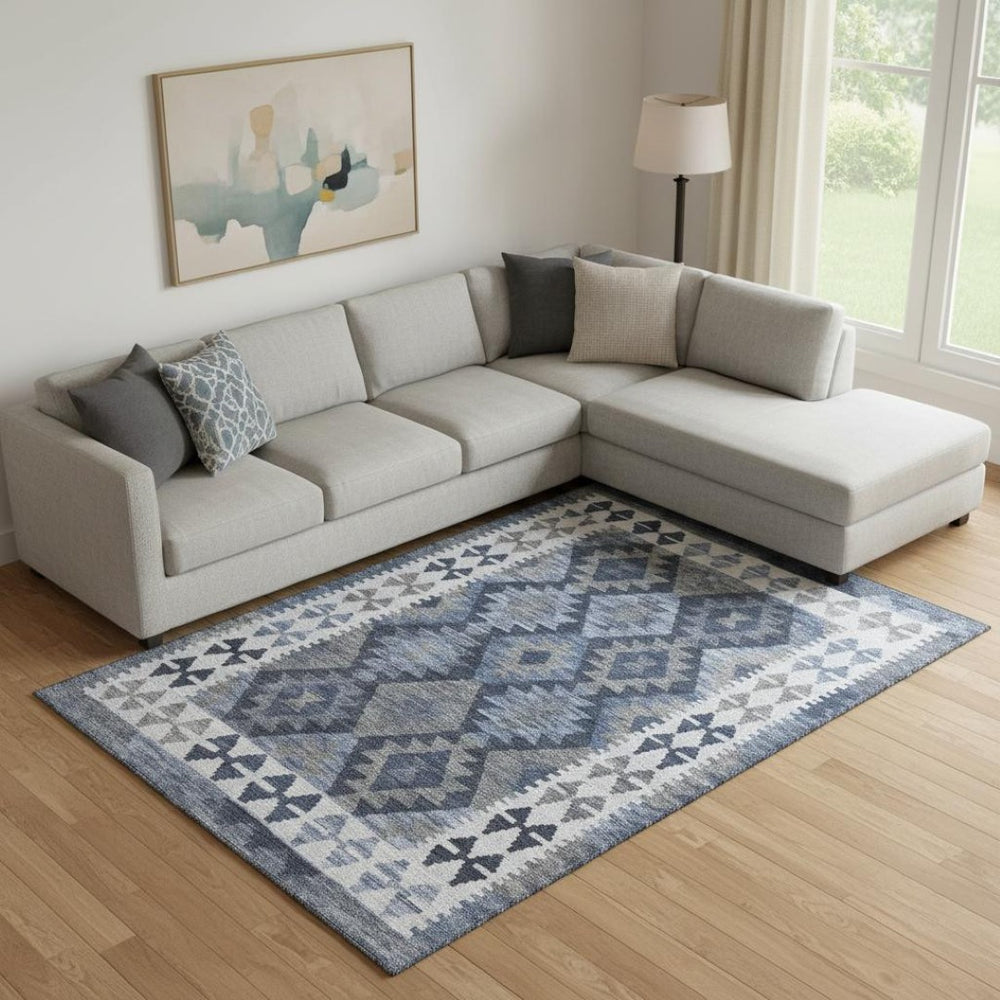 HomeRoots 10' X 14' Navy Blue & Ivory Tribal Area Rug - Washable, UV Protected, Non-Slip for Busy Homes! 707947