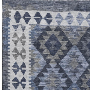 HomeRoots 10' X 14' Navy Blue & Ivory Tribal Area Rug - Washable, UV Protected, Non-Slip for Busy Homes! 707947