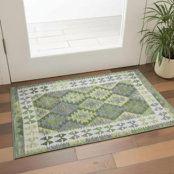 HomeRoots 5' X 8' Olive Green Tribal Area Rug: Washable, UV Protected, Stylish & Durable for Busy Homes 707949