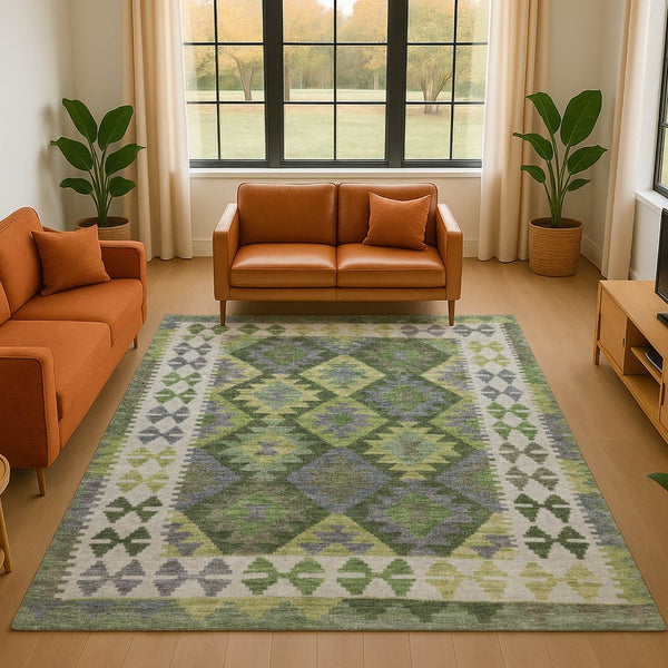 HomeRoots 5' X 8' Olive Green Tribal Area Rug: Washable, UV Protected, Stylish & Durable for Busy Homes 707949