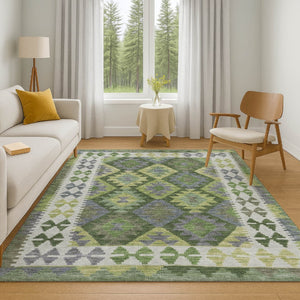 HomeRoots 5' X 8' Olive Green Tribal Area Rug: Washable, UV Protected, Stylish & Durable for Busy Homes 707949