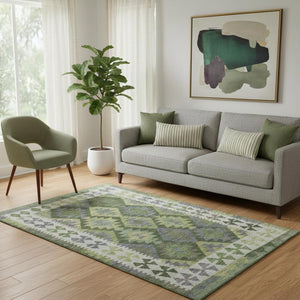 HomeRoots 8' Olive Green and Ivory Tribal Round Rug – Washable, UV-Protected, Durable for Living Spaces & More 707950