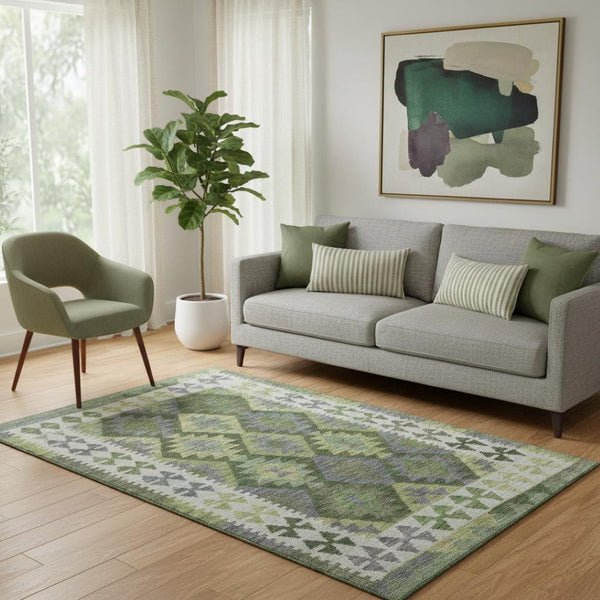 HomeRoots 8' Olive Green and Ivory Tribal Round Rug – Washable, UV-Protected, Durable for Living Spaces & More 707950