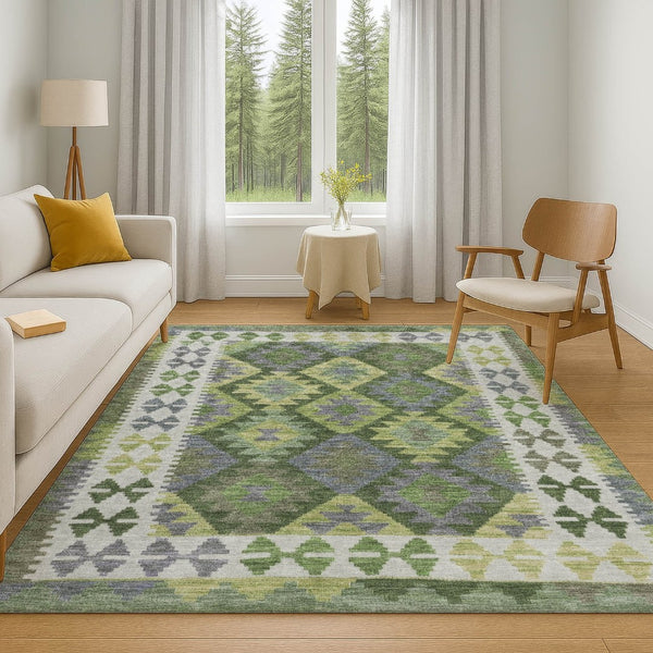 HomeRoots 8' Olive Green and Ivory Tribal Round Rug – Washable, UV-Protected, Durable for Living Spaces & More 707950