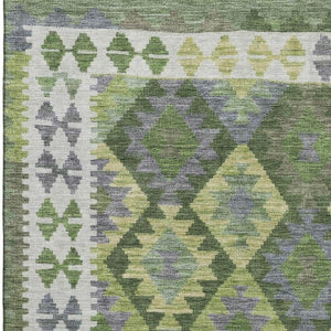 HomeRoots 8' Olive Green and Ivory Tribal Round Rug – Washable, UV-Protected, Durable for Living Spaces & More 707950