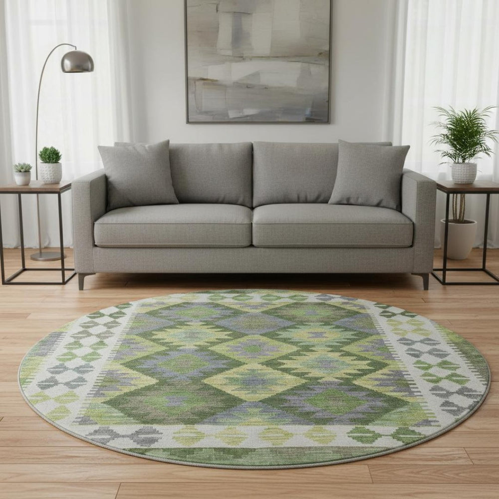 HomeRoots 8' X 10' Olive Green And Ivory Tribal Area Rug - Durable, Washable, UV Protected for Busy Homes 707951