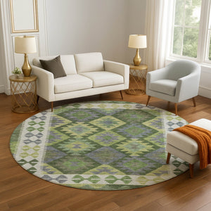 HomeRoots 8' X 10' Olive Green And Ivory Tribal Area Rug - Durable, Washable, UV Protected for Busy Homes 707951
