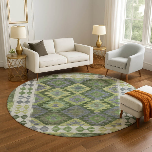 HomeRoots 8' X 10' Olive Green And Ivory Tribal Area Rug - Durable, Washable, UV Protected for Busy Homes 707951
