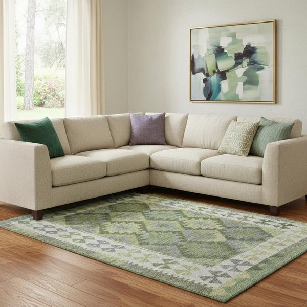HomeRoots 9' X 12' Olive Green Tribal Area Rug - Washable, UV Protected & Stain Resistant for Family Spaces 707952