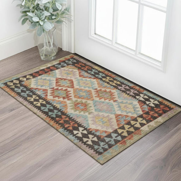 HomeRoots 5' X 8' Washable Tribal Area Rug in Rust, Blue & Beige - Durable, UV-Protected & Non-Slip Design 707955