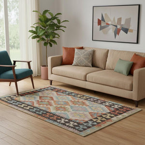 HomeRoots 8' Tribal Round Rug in Rust, Blue & Beige – Washable, Stain-Resistant, UV Protected for Indoor/Outdoor Use 707956