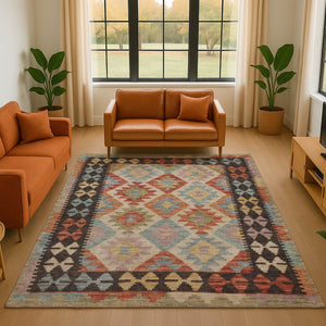 HomeRoots 8' Tribal Round Rug in Rust, Blue & Beige – Washable, Stain-Resistant, UV Protected for Indoor/Outdoor Use 707956