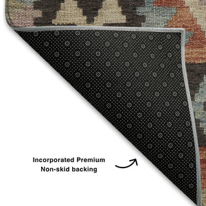 HomeRoots 8' Tribal Round Rug in Rust, Blue & Beige – Washable, Stain-Resistant, UV Protected for Indoor/Outdoor Use 707956