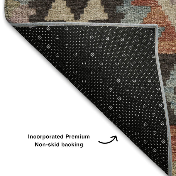 HomeRoots 8' Tribal Round Rug in Rust, Blue & Beige – Washable, Stain-Resistant, UV Protected for Indoor/Outdoor Use 707956