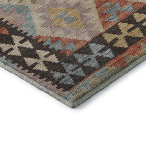 HomeRoots 8' Tribal Round Rug in Rust, Blue & Beige – Washable, Stain-Resistant, UV Protected for Indoor/Outdoor Use 707956