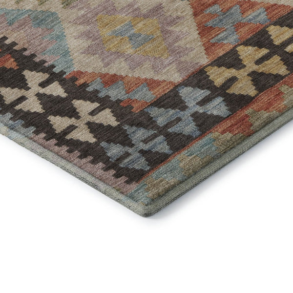 HomeRoots 8' Tribal Round Rug in Rust, Blue & Beige – Washable, Stain-Resistant, UV Protected for Indoor/Outdoor Use 707956