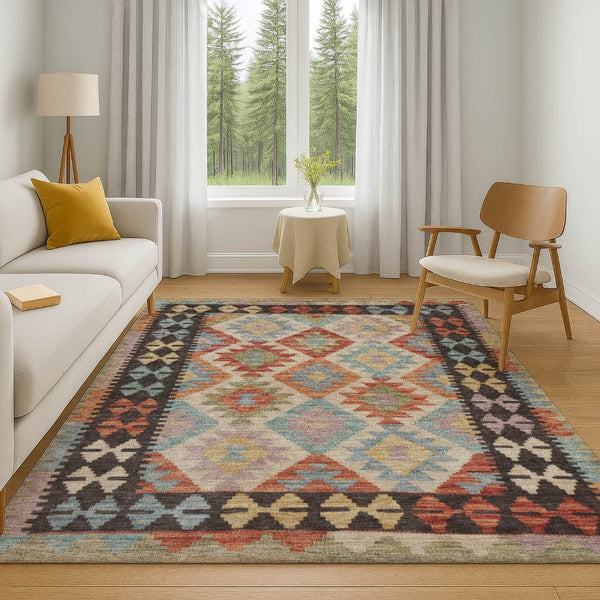 HomeRoots 8' Tribal Round Rug in Rust, Blue & Beige – Washable, Stain-Resistant, UV Protected for Indoor/Outdoor Use 707956