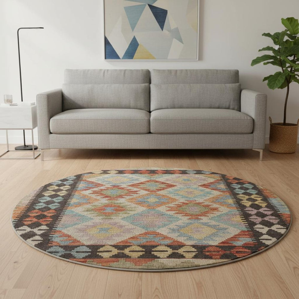 HomeRoots 8' X 10' Washable Rust Blue Beige Tribal Area Rug with UV Protection - Durable, Non-Slip Design! 707957