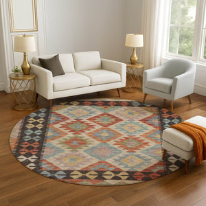 HomeRoots 8' X 10' Washable Rust Blue Beige Tribal Area Rug with UV Protection - Durable, Non-Slip Design! 707957