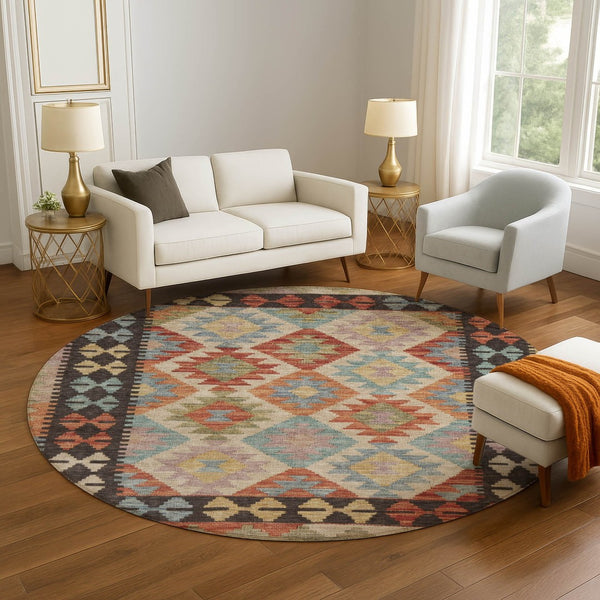 HomeRoots 8' X 10' Washable Rust Blue Beige Tribal Area Rug with UV Protection - Durable, Non-Slip Design! 707957
