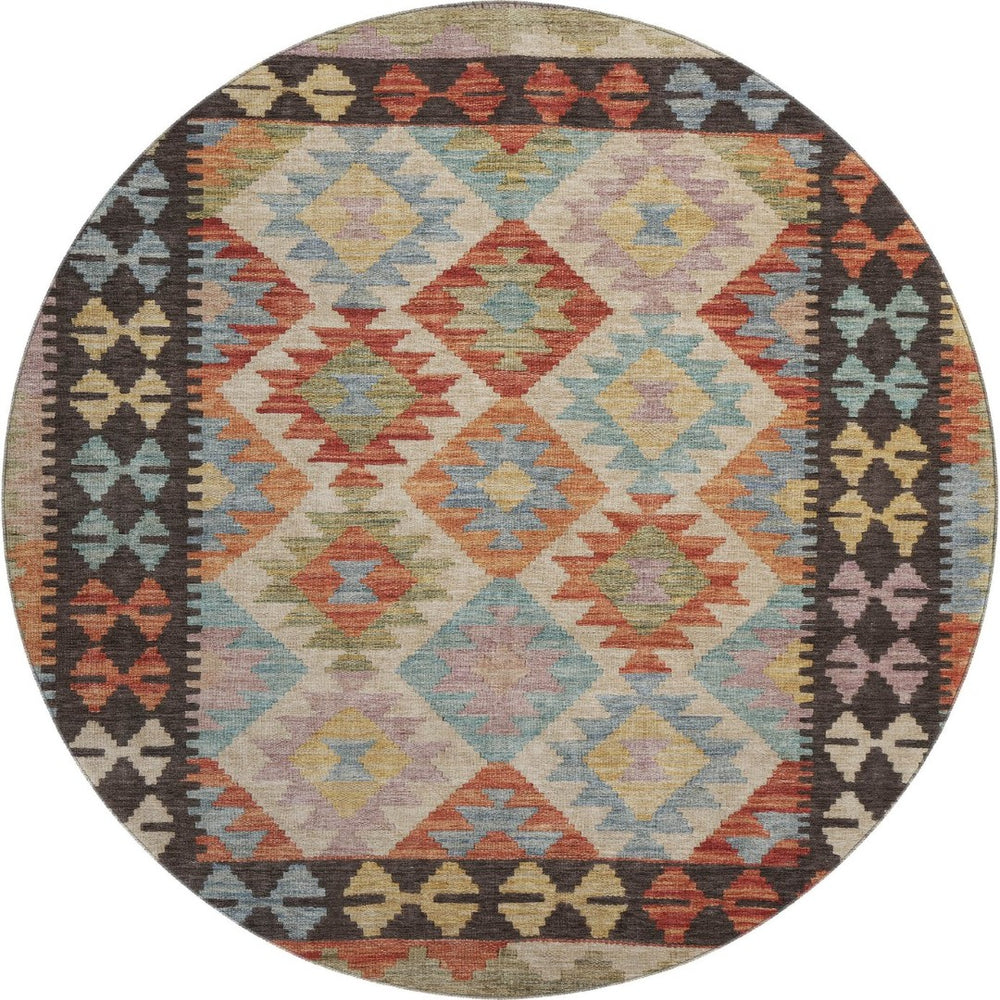 HomeRoots 8' X 10' Washable Rust Blue Beige Tribal Area Rug with UV Protection - Durable, Non-Slip Design! 707957