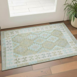 HomeRoots 5' X 8' Sage and Blue Tribal Washable Area Rug - Durable, UV-Protected, Stain-Resistant & Stylish! 707961