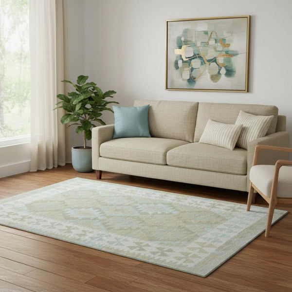 HomeRoots 8' Sage and Blue Tribal Round Rug - Stylish, Washable, UV-Protected, Non-Slip for Indoor & Outdoor Use 707962