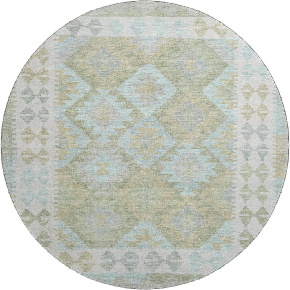 HomeRoots 8' X 10' Sage and Blue Tribal Area Rug - Washable, UV-Protected, Stain-Resistant, Stylish Comfort 707963