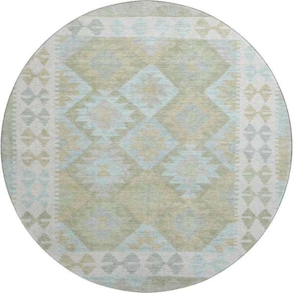 HomeRoots 8' X 10' Sage and Blue Tribal Area Rug - Washable, UV-Protected, Stain-Resistant, Stylish Comfort 707963