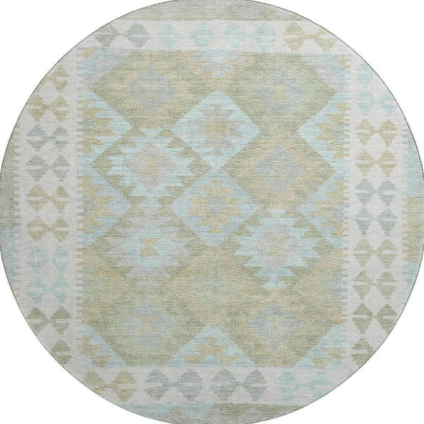 HomeRoots 8' X 10' Sage and Blue Tribal Area Rug - Washable, UV-Protected, Stain-Resistant, Stylish Comfort 707963