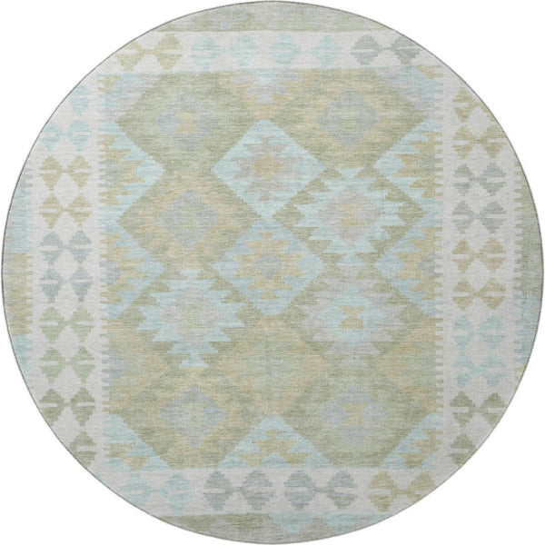 HomeRoots 8' X 10' Sage and Blue Tribal Area Rug - Washable, UV-Protected, Stain-Resistant, Stylish Comfort 707963
