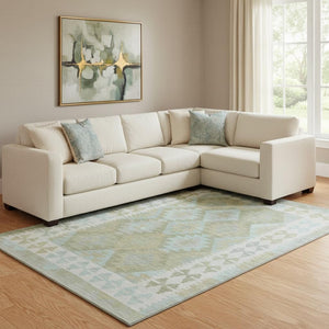 HomeRoots 9' X 12' Sage And Blue Tribal Area Rug - Washable, UV-Protected, Durable & Stylish for Every Room 707964