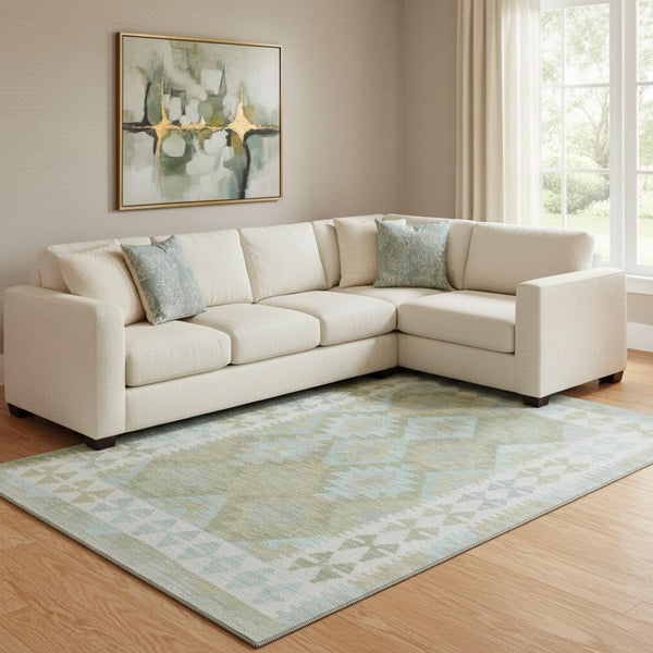 HomeRoots 9' X 12' Sage And Blue Tribal Area Rug - Washable, UV-Protected, Durable & Stylish for Every Room 707964