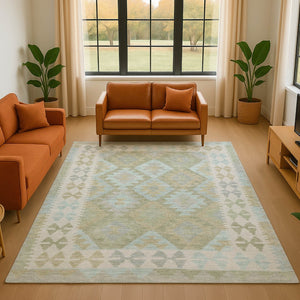 HomeRoots 9' X 12' Sage And Blue Tribal Area Rug - Washable, UV-Protected, Durable & Stylish for Every Room 707964