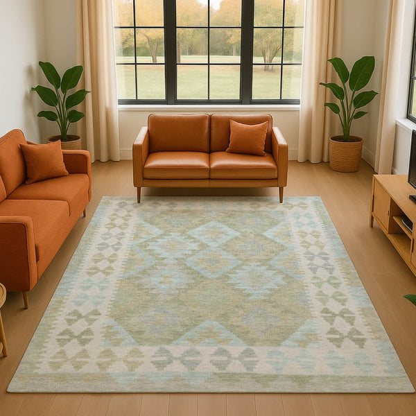 HomeRoots 9' X 12' Sage And Blue Tribal Area Rug - Washable, UV-Protected, Durable & Stylish for Every Room 707964