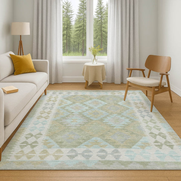 HomeRoots 9' X 12' Sage And Blue Tribal Area Rug - Washable, UV-Protected, Durable & Stylish for Every Room 707964