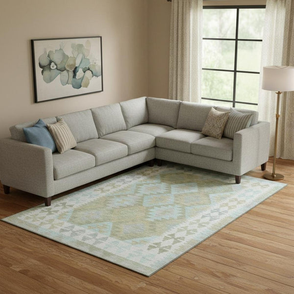HomeRoots 10' X 14' Sage and Blue Tribal Washable Area Rug – Stylish, Durable, UV-Protected for Busy Homes! 707965