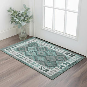 HomeRoots 5' X 8' Pale Aqua & Ivory Tribal Area Rug - Washable, UV-Protected, Durable Design for Active Homes 707967