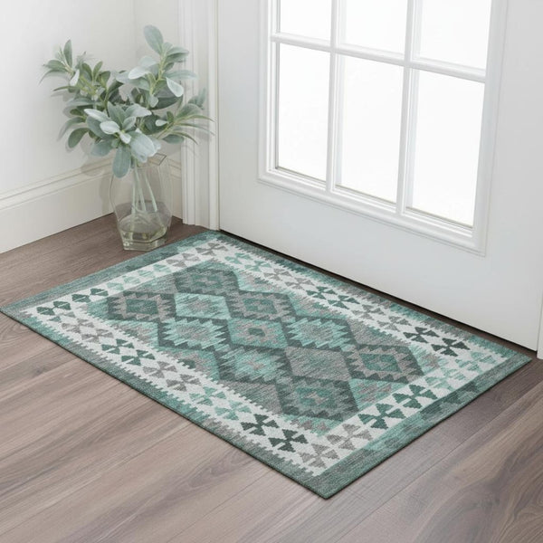 HomeRoots 5' X 8' Pale Aqua & Ivory Tribal Area Rug - Washable, UV-Protected, Durable Design for Active Homes 707967