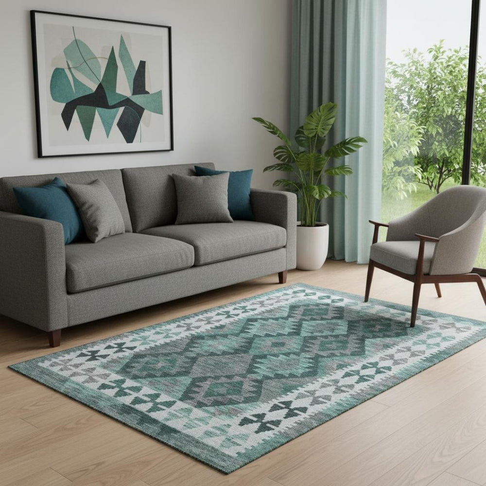 HomeRoots 8' Pale Aqua and Ivory Tribal Washable Round Rug - Durable, UV Protected, Non-Slip for Busy Homes 707968