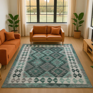 HomeRoots 8' Pale Aqua and Ivory Tribal Washable Round Rug - Durable, UV Protected, Non-Slip for Busy Homes 707968