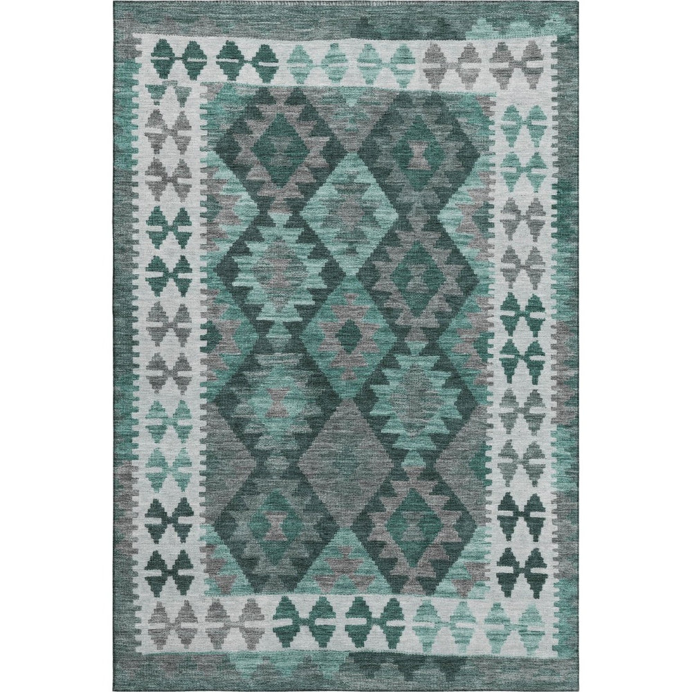 HomeRoots 8' Pale Aqua and Ivory Tribal Washable Round Rug - Durable, UV Protected, Non-Slip for Busy Homes 707968