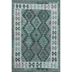HomeRoots 8' Pale Aqua and Ivory Tribal Washable Round Rug - Durable, UV Protected, Non-Slip for Busy Homes 707968