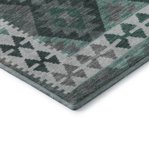 HomeRoots 8' Pale Aqua and Ivory Tribal Washable Round Rug - Durable, UV Protected, Non-Slip for Busy Homes 707968