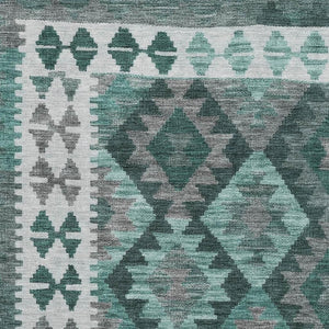 HomeRoots 8' Pale Aqua and Ivory Tribal Washable Round Rug - Durable, UV Protected, Non-Slip for Busy Homes 707968