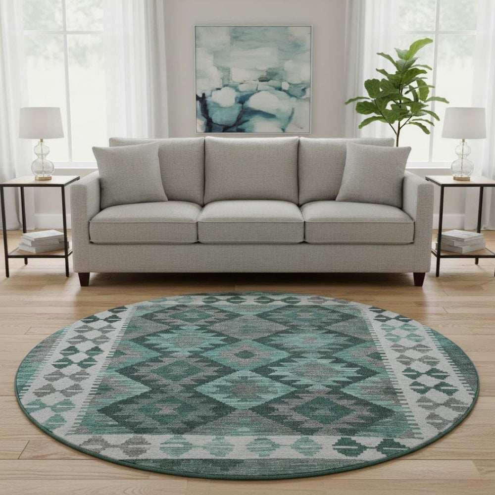 HomeRoots 8' X 10' Pale Aqua & Ivory Tribal Area Rug - Washable, UV-Protected, Stylish for Kids & Pets! 707969