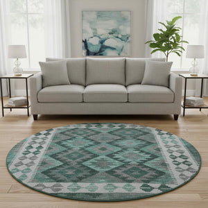 HomeRoots 8' X 10' Pale Aqua & Ivory Tribal Area Rug - Washable, UV-Protected, Stylish for Kids & Pets! 707969